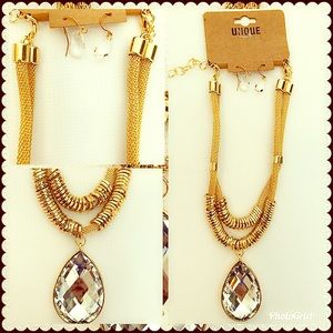 Gold and bling drop necklace and earring set